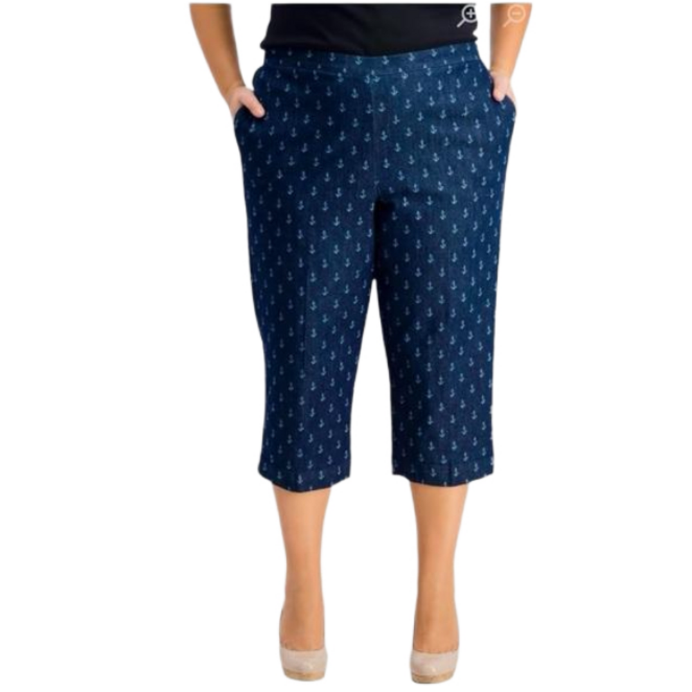 ALFRED DUNNER Denim Capris Pull On Blue with White Anchor Print Women Size 16